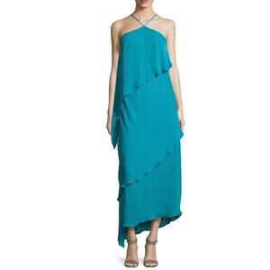 Halston Teal V-halter Neck Long Tiered Silk Blue Cocktail Dress XS NWT $545 flaw